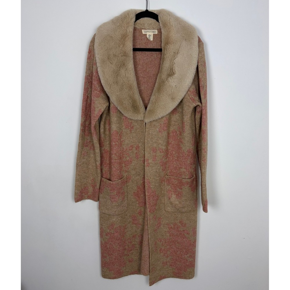 Happily Grey Long Cardigan Faux Fur Neckline Pink Tan Elevated Indie Glam Large